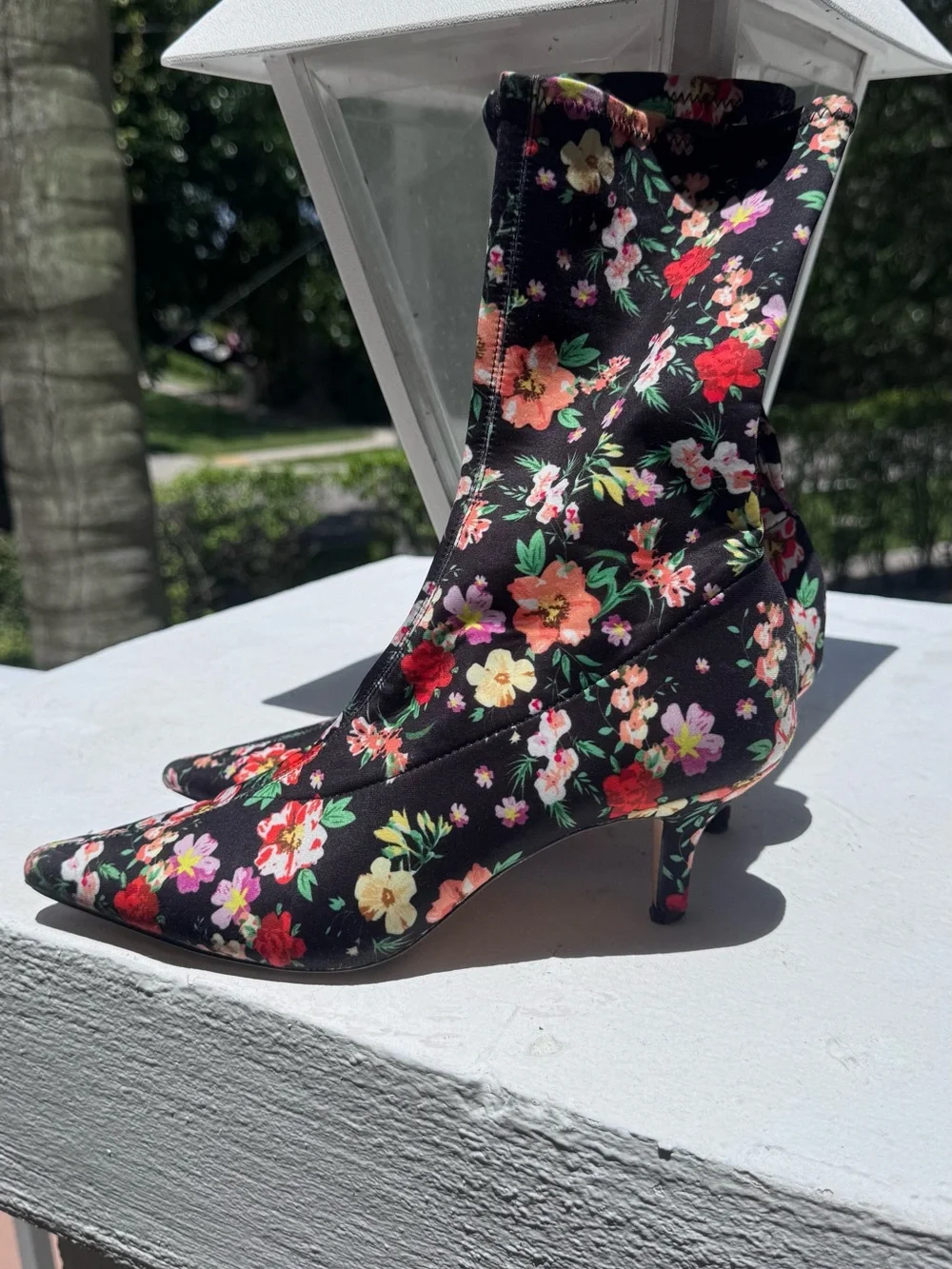 Steve Madden Black Floral Sock Booties with Chain Accent